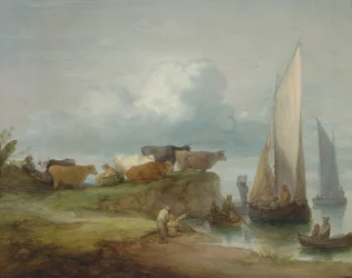 Vee aan een Rivieroever met Zeilboten, 1780-84