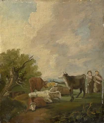 Figuren en vee in een landschap