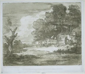 Landschap met een wagen getrokken door paarden langs een waterkant en een bosrand