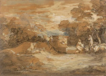 Berglandschap met figuren, schapen en fontein
