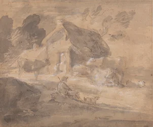 Open Landschap met Figuren, Koeien en Cottage