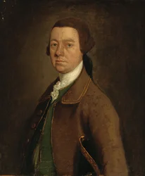 Portret van Sir Francis Skipwith, halflang, in een bruine jas en groene vest met een hoed onder zijn linkerarm
