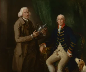 Portret van William Anne Hollis, 4e graaf van Essex, die Thomas Clutterbuck uit Watford een beker aanbiedt