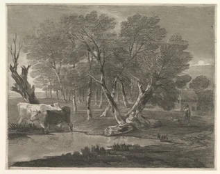 Boslandschap met koeien bij een vijver, figuren en een huisje