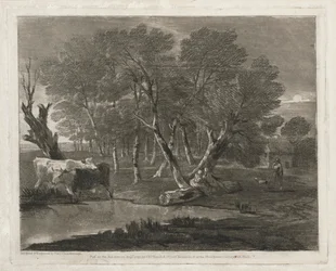 Boslandschap met koeien bij een vijver, figuren en huisje, gepubliceerd in 1797