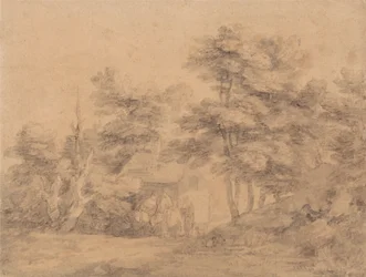 Boslandschap met figuren, ezels en huisje