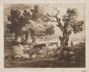 Boslandschap met herder en koeien