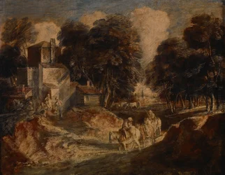 Boslandschap met bereden boeren