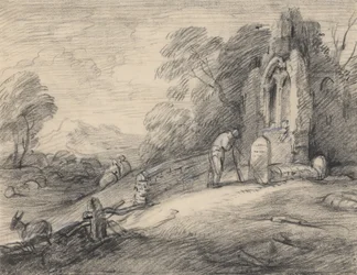 Boslandschap met een boer die een inscriptie leest op een grafsteen naast een vervallen kerk, figuren, ezel, schapen en verre bergen