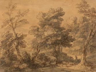 Bosrijk landschap met herder en schapen