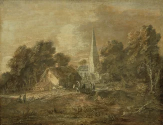 Boslandschap met dorpsscène