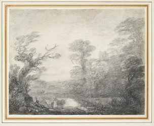 Boslandschap met herder, koeien en kerktoren