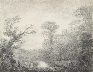 Boslandschap met herder, koeien en kerktoren
