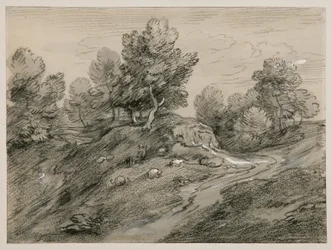 Bebost heuvellandschap met herder, schapen en landweg die rond een heuvel slingert