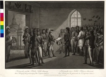 Tadeusz Kosciuszko en de Poolse aristocraten vragen tsaar Paul I om hun vrijheid terug