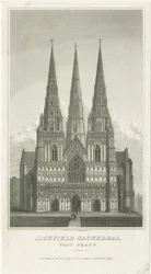 Lichfield Kathedraal - Westgevel (gravure, ca. 1833)