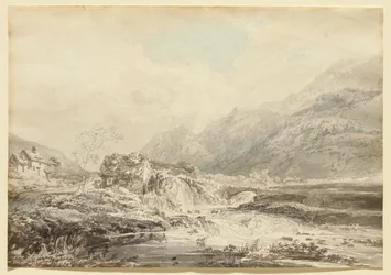 Berglandschap met bovenslagmolen en brug