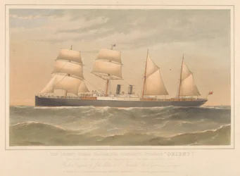Lithografie van het stoomschip 