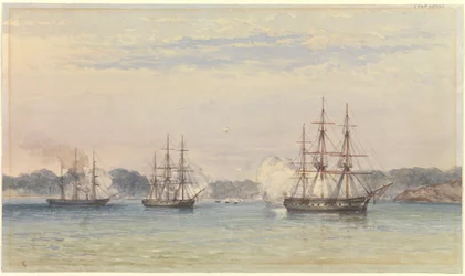 De China-oorlog 1857, drie van HM-schepen bombarderen en scheepsboten aan de kust