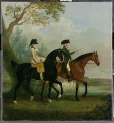 De eerbiedwaardige Marcia Pitt rijdt met haar broer, de eerbiedwaardige George Pitt, in het park van Stratfield Saye House, 1782