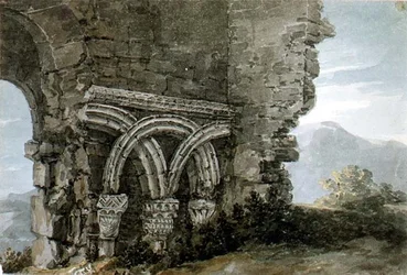 No.3204 Saksische kapitelen in de muren van de kerk van het Hospice van Sint Jacobus, Dunwich, Suffolk