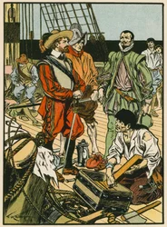 Gevangen schat. Sir Francis Drake (kleurenlitho)