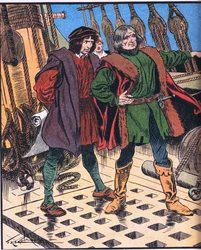Columbus op zijn reis naar Amerika (kleurenlitho)