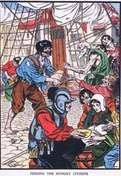 Hongerige burgers voeden (kleurenlitho)