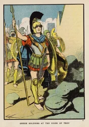 Griekse soldaten bij het beleg van Troje (kleurenlitho)
