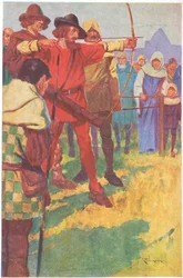 Hij richtte zijn boog voor een kort moment en liet toen de pees los (kleurenlitho)