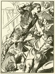 Hereward en zijn mannen vallen de Noormannen aan (gravure)