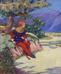 Illustratie voor De rattenvanger van Hamelen (kleurenlitho)