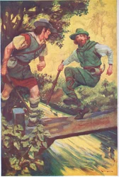 Op een ongelukkig moment gleed hij uit over de houten planken (kleurenlitho)