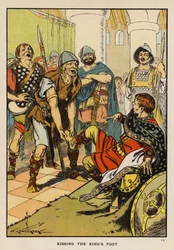 De voet van de koning kussen (kleurenlitho)