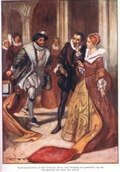 Northumberland liep naar hen toe, en terwijl hij zijn met juwelen versierde kap op de grond wierp, trok hij zijn zwaard (kleurenlitho)