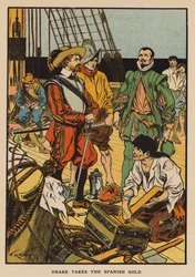 Sir Francis Drake verovert het Spaanse goud (kleurenlitho)