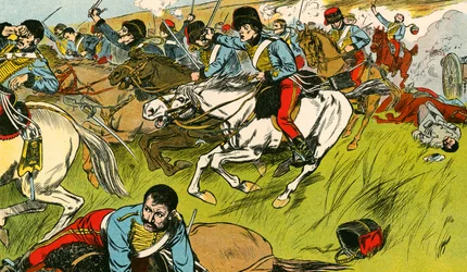 De charge van de Lichte Brigade (kleurenlitho)