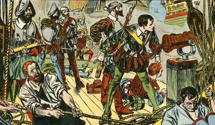 De kleine "Revenge" vecht tegen vijftig Spaanse galjoenen (kleurenlitho)