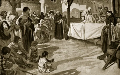 De opvoering van een vroeg mysteriespel, illustratie uit 