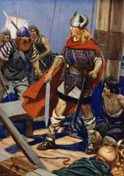 De roeiboot klapperde langszij, en daaruit sprong Guldred de Wolf, met Ulgar en een ander om hem te ondersteunen: scène uit De bestorming van Rovan Hold (kleurenlitho)