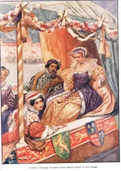Onder een baldakijn van staat voer Jane weg in de schuit (kleurenlitho)
