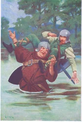 Met een ruk van zijn grote handen stuurde hij de vogelvrijverklaarde de beek in (kleurenlitho)