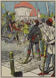 De jonge koning Richard staakt de opstand (kleurenlitho)