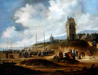 Een uitzicht op Egmond met vissers die hun vangst verkopen