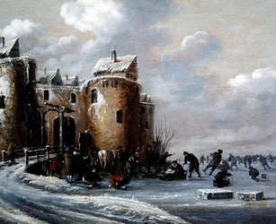 Een Winterlandschap met Schaatsers bij een Versterkte Poort