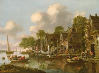 Een rivierlandschap met boten en figuren bij een taverne, 17e eeuw