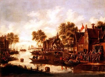 Een dorpskermis met spelers op een podium bij een herberg en mannen die drinken in boten