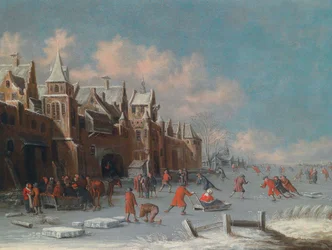 Schaatsers op het ijs voor de poorten van een Nederlandse stad
