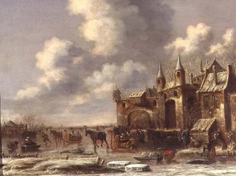 Stadsbewoners op het ijs bij een stadspoort