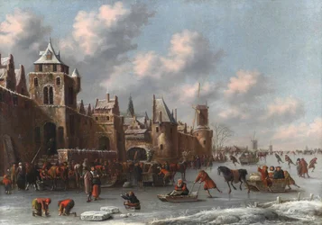 Winterlandschap met figuren die schaatsen en sleeën op een bevroren gracht bij een versterkte stad